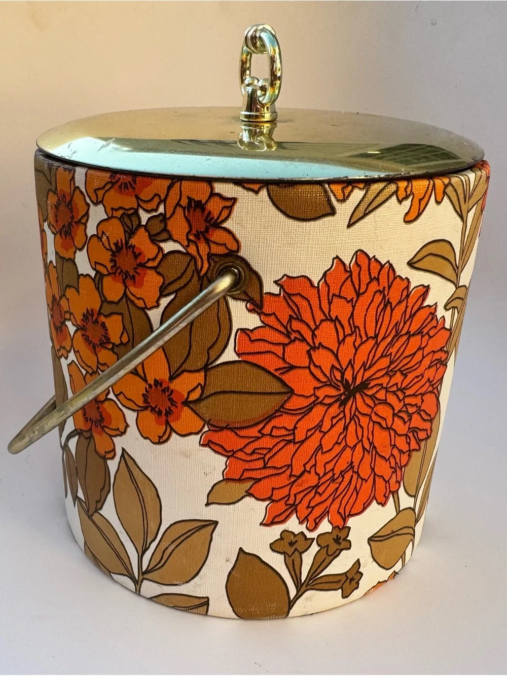 Vintage Floral Ice Bucket Gold Lid Handle Orange Flowers 60s 70s Botanical
